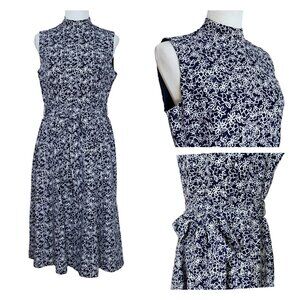 Appleseeds Womens Dress Size 10 Floral Fit Flare Waist Tie Sleeveless Blue White